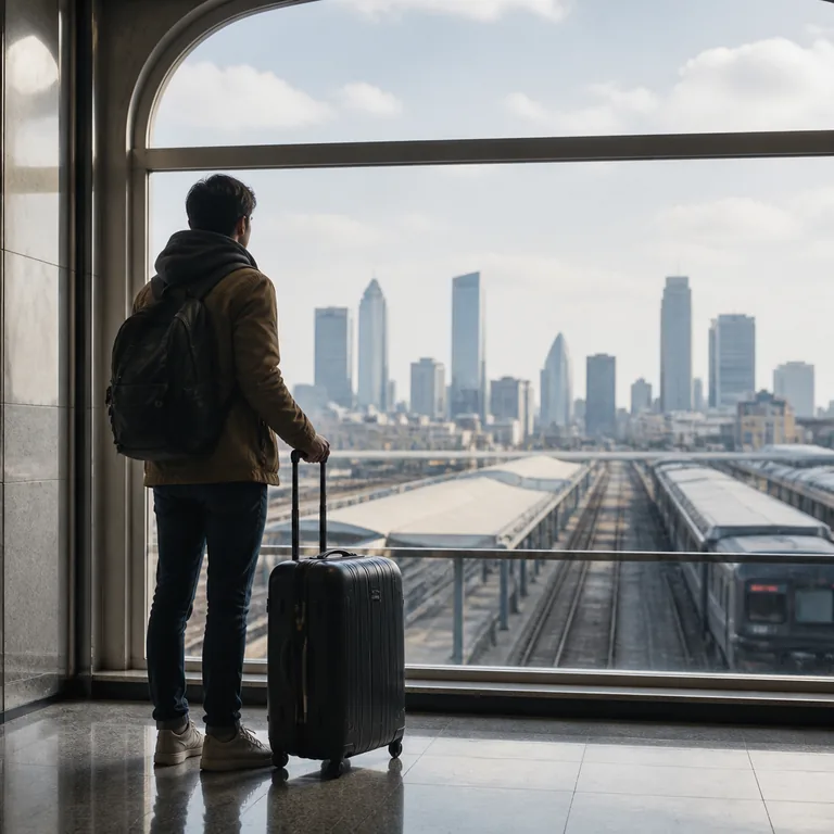 ภาพคำศัพท์จีน 外地 แสดงนักเดินทางมองเมืองที่ไม่คุ้นเคยจากสถานี