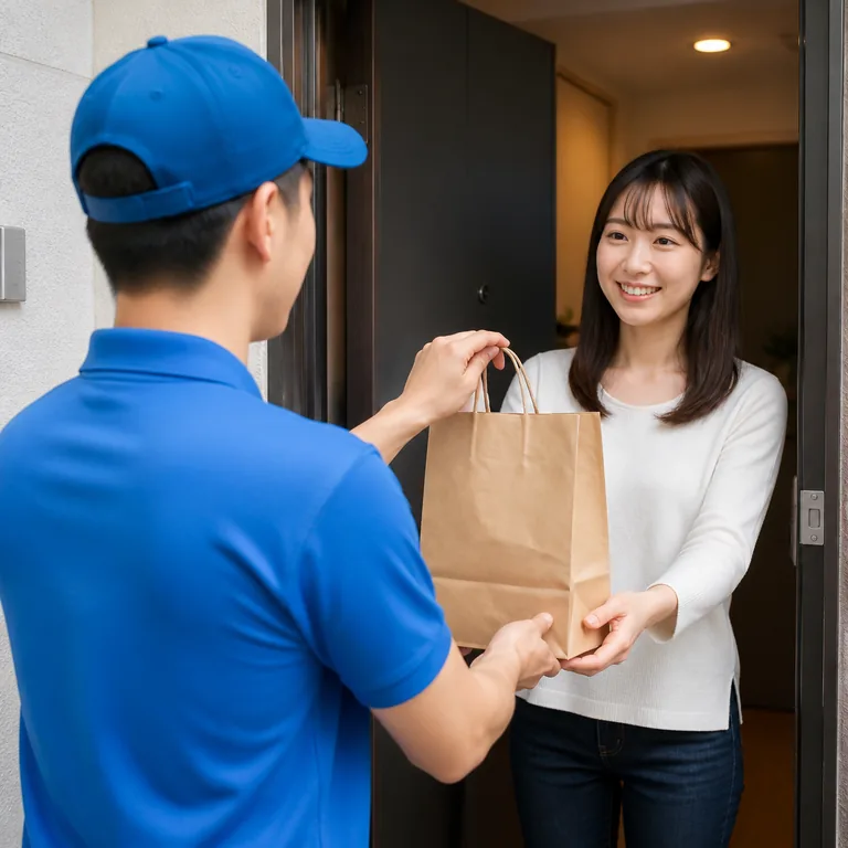 ภาพคำศัพท์จีน 外卖 แสดงพนักงานส่งอาหารส่งถุงอาหารถึงหน้าประตู