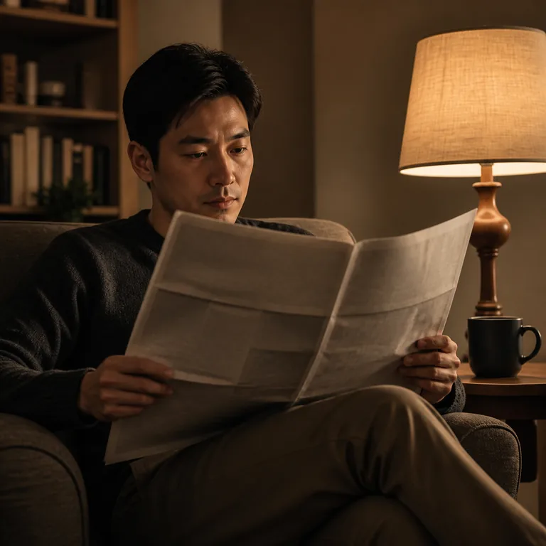 ภาพคำศัพท์จีน 晚报 แสดงคนอ่านหนังสือพิมพ์ตอนเย็น