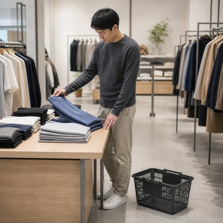 ภาพประกอบคำศัพท์จีน 购物 ผู้ซื้อกำลังเลือกเสื้อผ้าในร้านทั่วไป