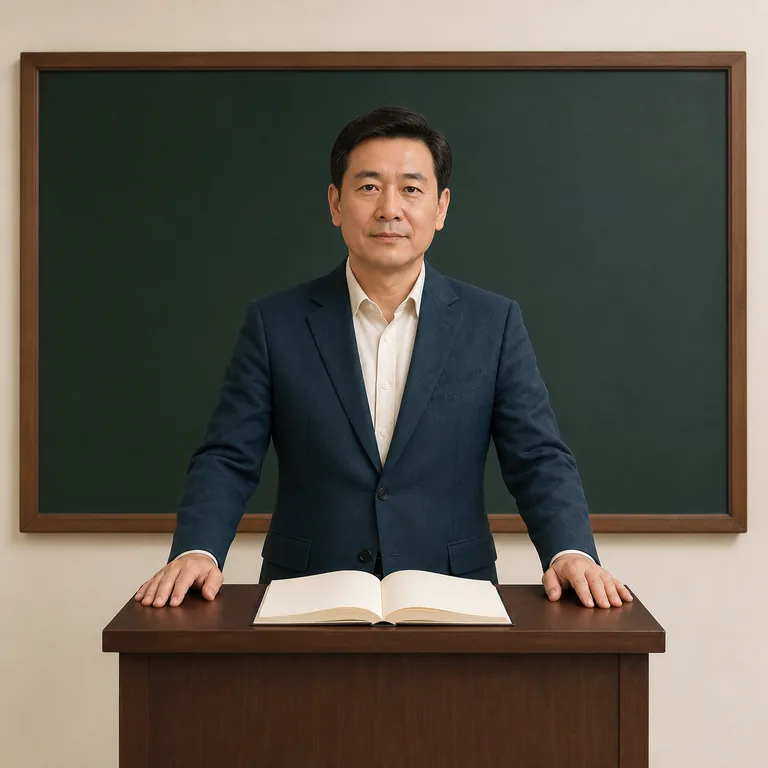 ผู้บรรยายวิชาการยืนหลัง lectern หน้ากระดานเปล่า เป็นภาพช่วยจำคำว่า 教授
