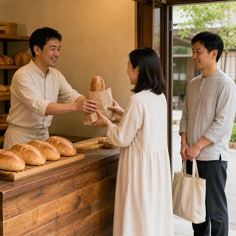 เจ้าของร้านเบเกอรีกำลังขายขนมปังให้ลูกค้าและมีลูกค้ารอซื้อ สื่อความหมายหลักของ 生意