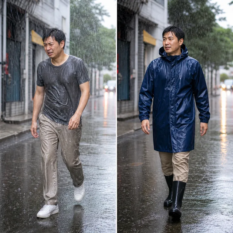 ชายคนเดิมปรับตัวจากเปียกฝนเป็นสวมเสื้อกันฝนและรองเท้าบูต สื่อความหมายของ 适应