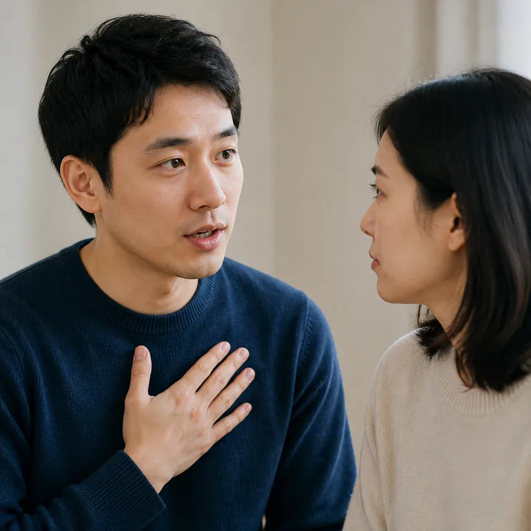 ผู้ใหญ่คนหนึ่งวางมือบนอกและพูดตรงไปตรงมาต่อผู้ฟัง สื่อ 承认 ว่ายอมรับความจริงหรือความรับผิดชอบ