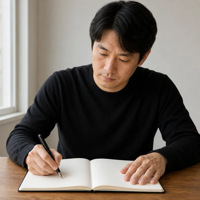 ผู้สร้างงานหนึ่งคนกำลังใช้ปากกาเขียนต้นฉบับในสมุด สื่อ 作者 ว่าบุคคลผู้สร้างหรือเขียนผลงานนั้น