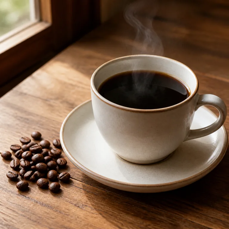 กาแฟดำร้อนหนึ่งถ้วยกับเมล็ดกาแฟคั่ว สื่อความหมายของ 咖啡