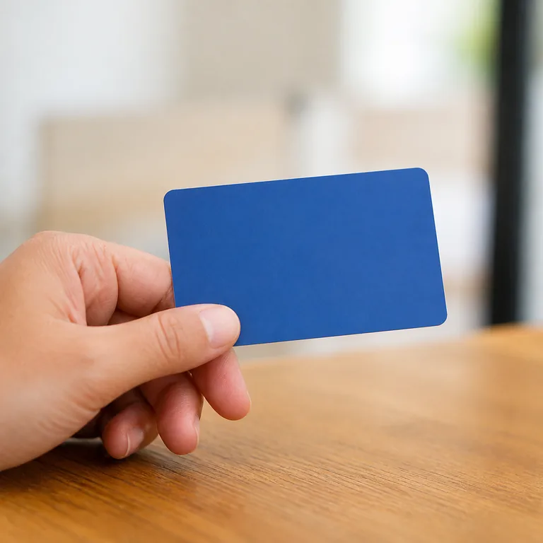 ภาพถือบัตรธนาคารสีน้ำเงินแบบไม่มีตรา สื่อความหมาย 银行卡 ว่าบัตรธนาคาร