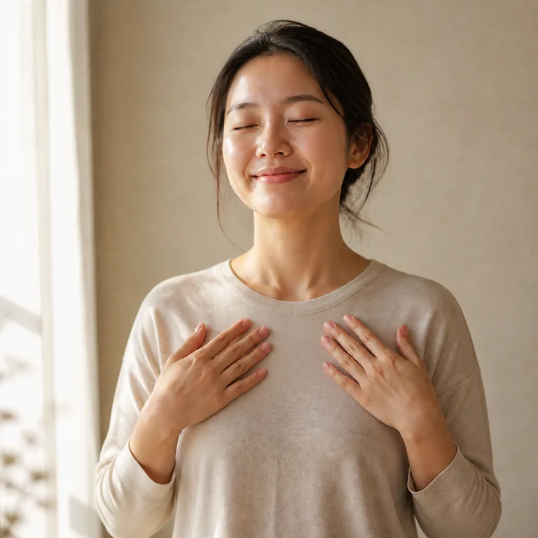 หญิงยิ้มอย่างสงบและพอใจโดยวางมือทั้งสองแยกกันบนอก สื่อความหมายของ 满足