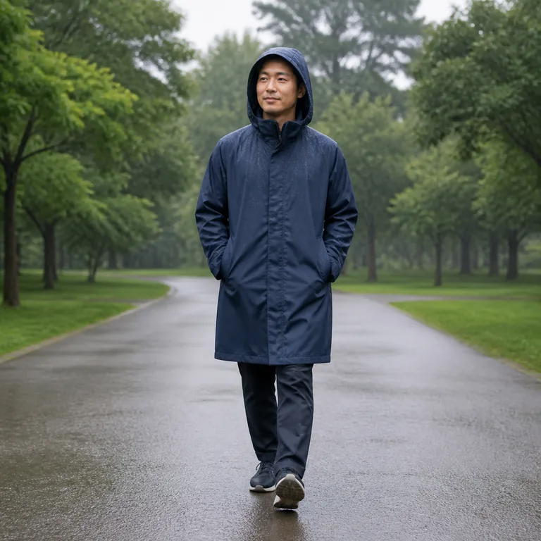 คนหนึ่งคนสวมเสื้อกันฝนเดินอย่างผ่อนคลายในฝนปรอย สื่อ 不在乎 ว่าไม่ถือสาหรือไม่ให้เรื่องเล็กน้อยมีน้ำหนัก