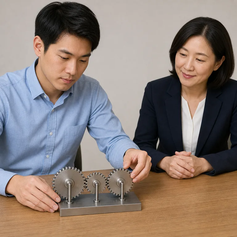 ผู้สมัครชาวเอเชียตะวันออกคนหนึ่งหมุนตรวจชุดเฟืองที่ประกอบอย่างแม่นยำ ขณะที่ผู้ประเมินมองผลงานด้วยสีหน้าชื่นชมและรับรู้จุดแข็ง สื่อความหมายของ 长处