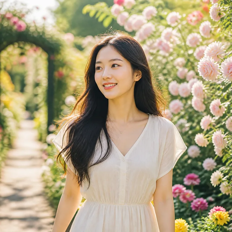 ภาพคนอารมณ์ดีในสวนดอกไม้ สื่อความหมาย 心情 ว่าอารมณ์