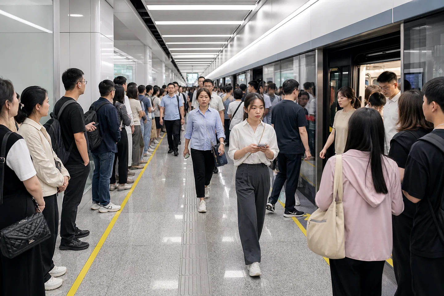 ผู้โดยสารต่อแถวด้านข้างและเปิดทางให้คนลงจากรถไฟใต้ดินในจีน