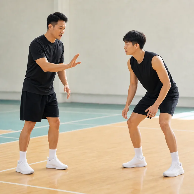 โค้ชชาวเอเชียตะวันออกกำลังสาธิตท่าทางและชี้แนะนักกีฬาบนสนามในร่ม สื่อความหมายของ 教练