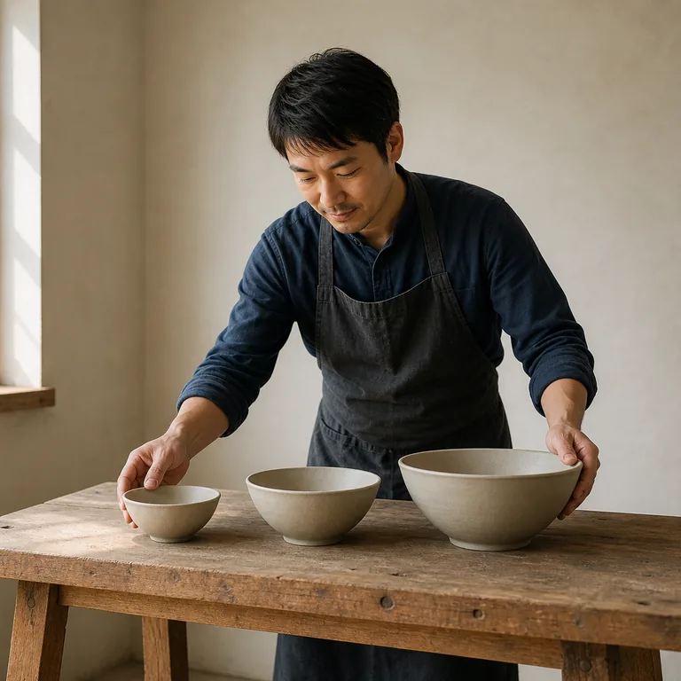 ช่างชาวเอเชียตะวันออกหนึ่งคนกำลังจัดชามเซรามิกสามใบที่มีขนาดเพิ่มขึ้นบนโต๊ะ สื่อความหมายของ 发展