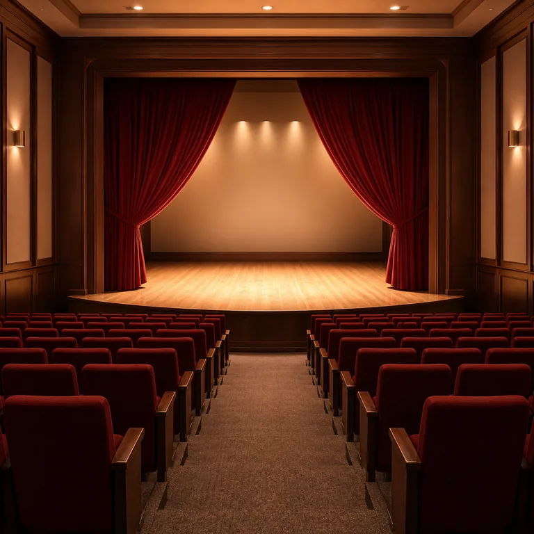 ภายในโรงละครว่างที่มีเวที ม่าน และแถวที่นั่งสำหรับชมการแสดงสด สื่อความหมายของ 剧场