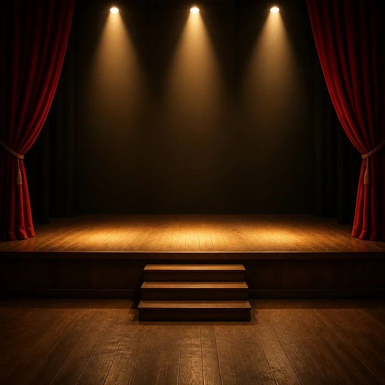 เวทีโรงละครยกพื้นพร้อมบันได ม่านแดง และไฟส่อง สื่อความหมายของ 舞台