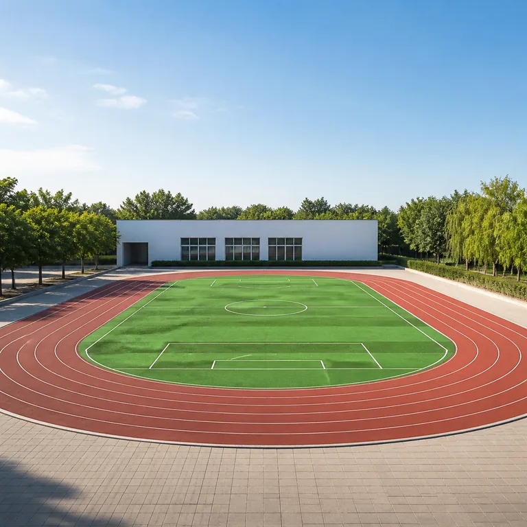 สนามโรงเรียนที่มีลู่วิ่งรูปวงรีล้อมพื้นที่กิจกรรมสีเขียว สื่อคำว่า 操场 ว่าสนามสำหรับออกกำลังกายและทำกิจกรรม