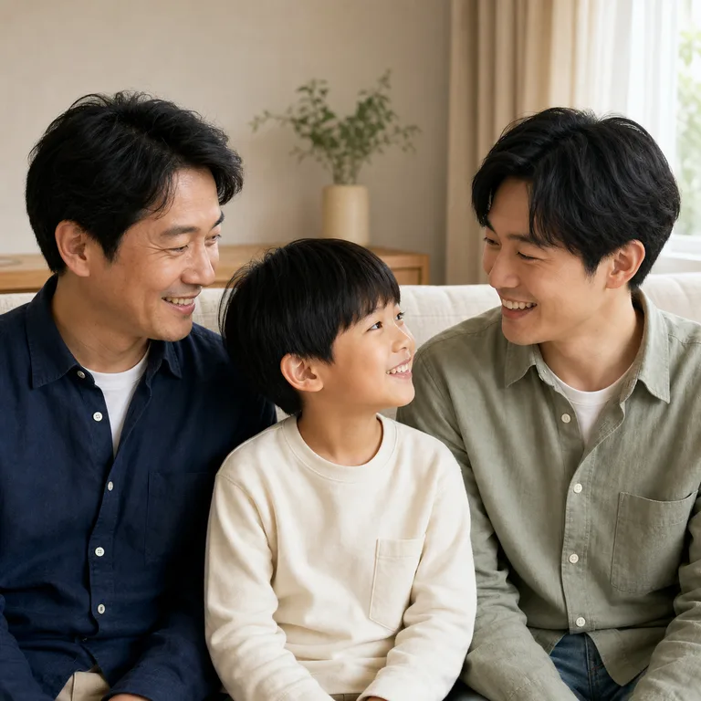 ภาพครอบครัวสมมติ พ่ออยู่ซ้าย เด็กอยู่กลาง และคุณอาซึ่งเป็นน้องชายของพ่ออยู่ขวา ประกอบคำว่า 叔叔