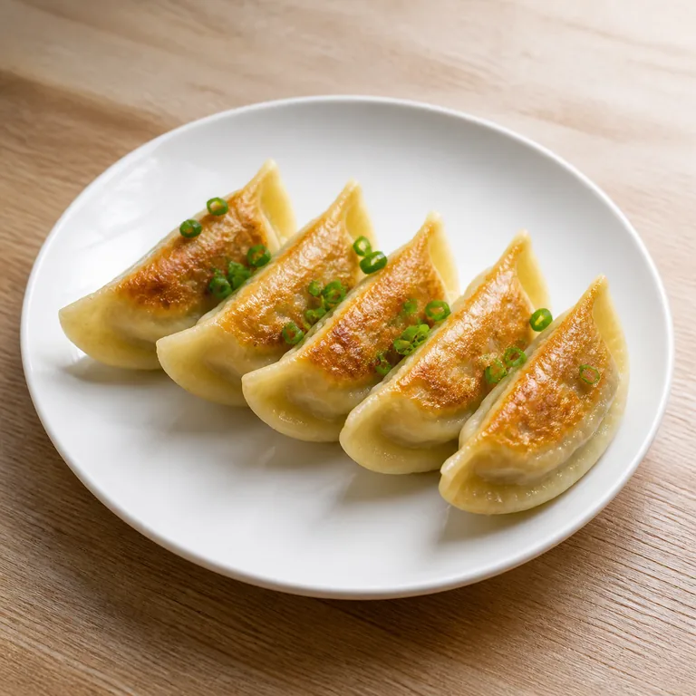 เกี๊ยวทอดห้าชิ้นจัดอย่างน่ารับประทานบนจาน สื่อความหมายของ 美食