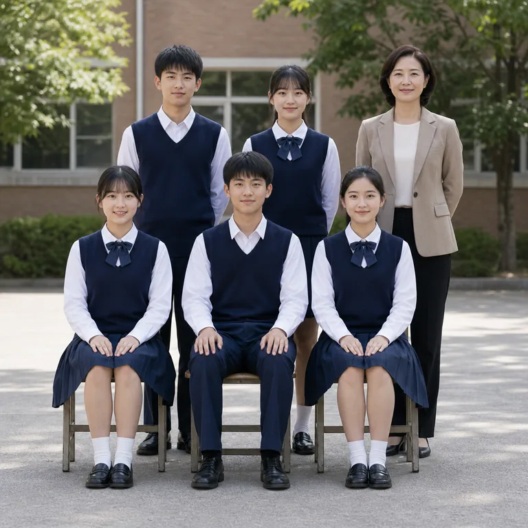 นักเรียนมัธยมห้าคนและครูหนึ่งคนถ่ายภาพหมู่สองแถวในลานโรงเรียน สื่อความหมายของ 班级