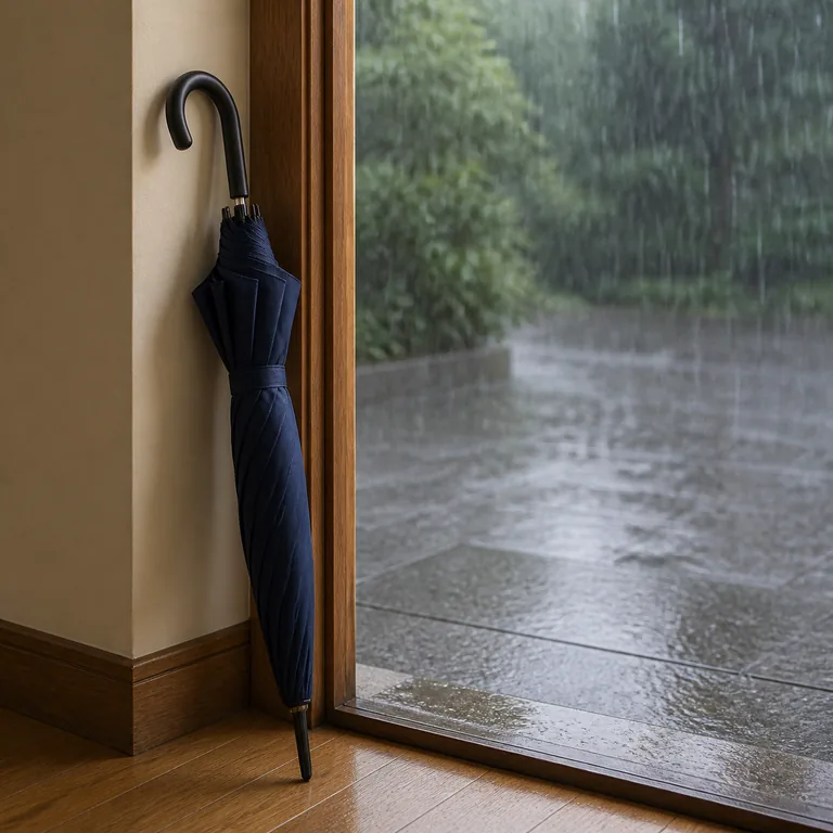 ร่มพับหนึ่งคันเตรียมอยู่ข้างประตูในวันที่ฝนตก สื่อเงื่อนไข ถ้าฝนตก ของ 要是