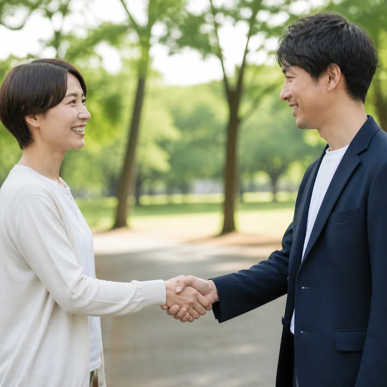 ภาพคนสองคนยิ้มและจับมือกันอย่างเป็นมิตร สื่อความหมาย 友好 ว่าเป็นมิตร