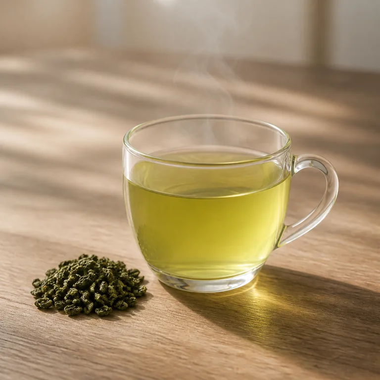ชาเขียวสีอ่อนในถ้วยแก้วใสข้างกองใบชาแห้ง สื่อความหมายของ 绿茶