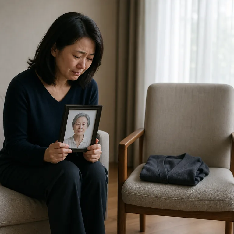 หญิงผู้สูญเสียญาติผู้ใหญ่ถือกรอบภาพและนั่งข้างเก้าอี้ว่างด้วยความทุกข์ใจ สื่อความหมายของ 痛苦