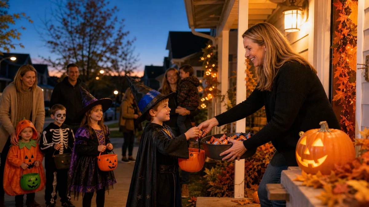 ภาพประกอบเด็กและครอบครัวร่วมกิจกรรม trick-or-treat ในคืน Halloween