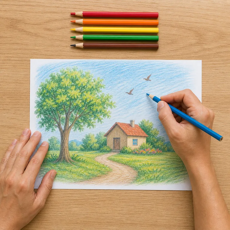 มือกำลังใช้ดินสอสีสร้างภาพวาดบนกระดาษหนึ่งแผ่น สื่อความหมายของ 图画