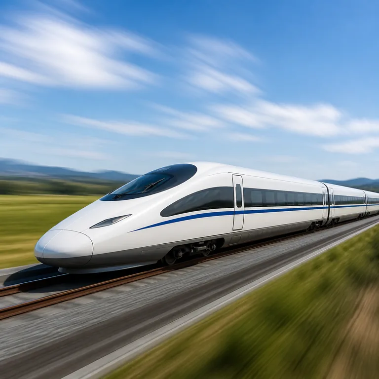 รถไฟความเร็วสูงหนึ่งขบวนกำลังเคลื่อนผ่านรางคู่กลางภูมิทัศน์โล่ง สื่อความหมายของ 高速