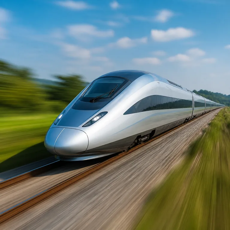 รถไฟความเร็วสูงแล่นผ่านชนบทพร้อมฉากหลังที่เกิดภาพเบลอจากการเคลื่อนที่ สื่อความหมายของ 速度