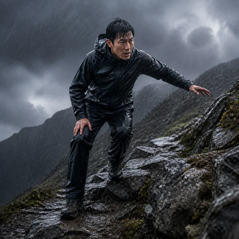 นักเดินทางหนึ่งคนฝ่าทางภูเขาชันกลางฝนซึ่งทดสอบความอดทน สื่อความหมายของ 考验