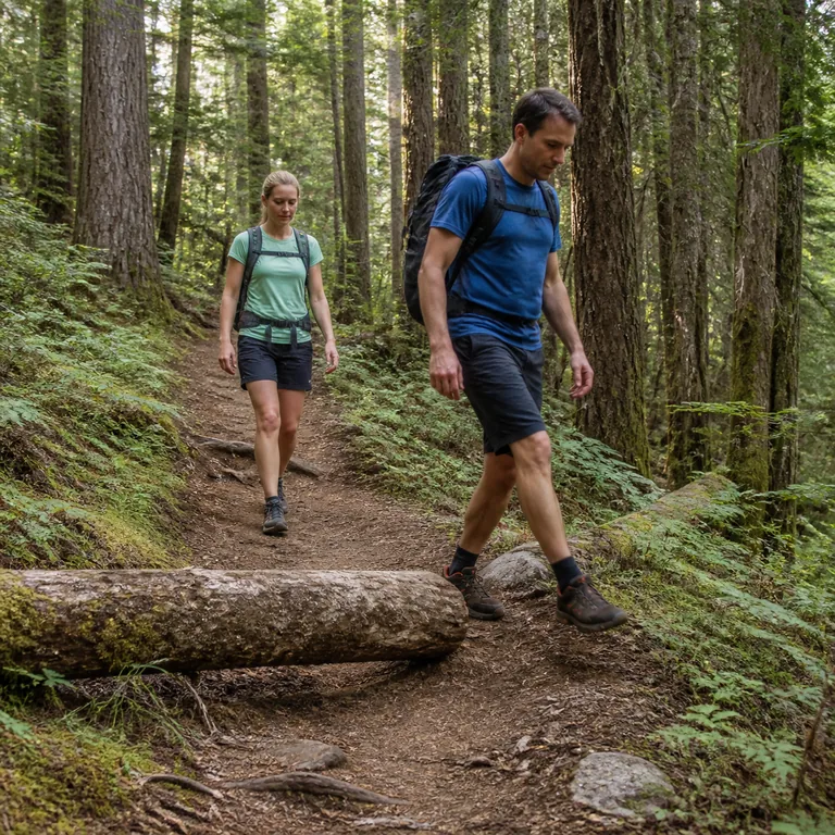 นักเดินป่าสองคนเดินเรียงแถวโดยคนหลังติดตามคนหน้าไปตามเส้นทาง สื่อความหมายของ 随