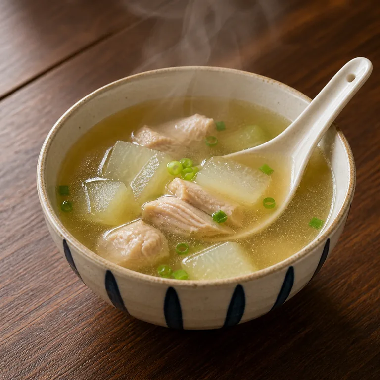 ชามซุปไก่ใส่ฟักร้อนพร้อมช้อนซุป สื่อความหมายของ 汤