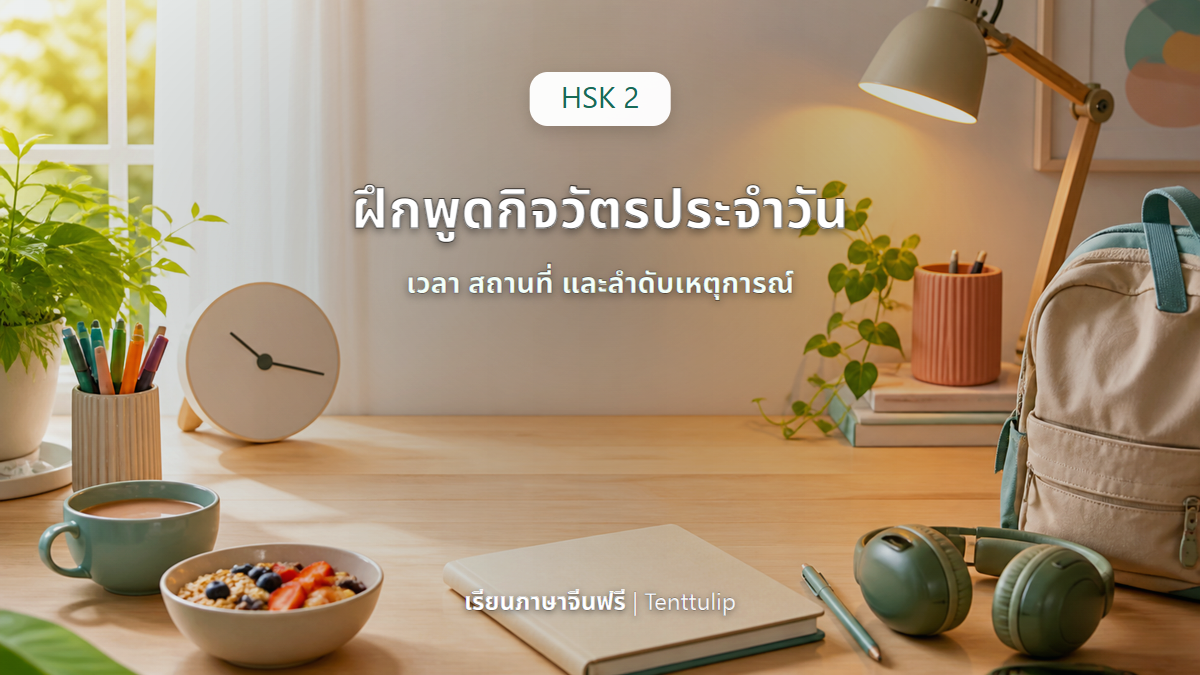ปกบทเรียน HSK 2 ฝึกพูดกิจวัตรประจำวัน เวลา สถานที่ และลำดับเหตุการณ์