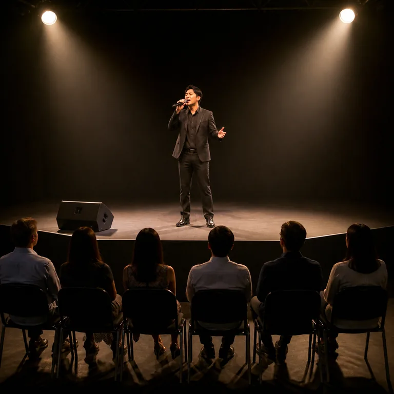 นักร้องร้องเพลงบนเวทีต่อผู้ชมหกคน สื่อ 演唱会 ว่างานคอนเสิร์ต