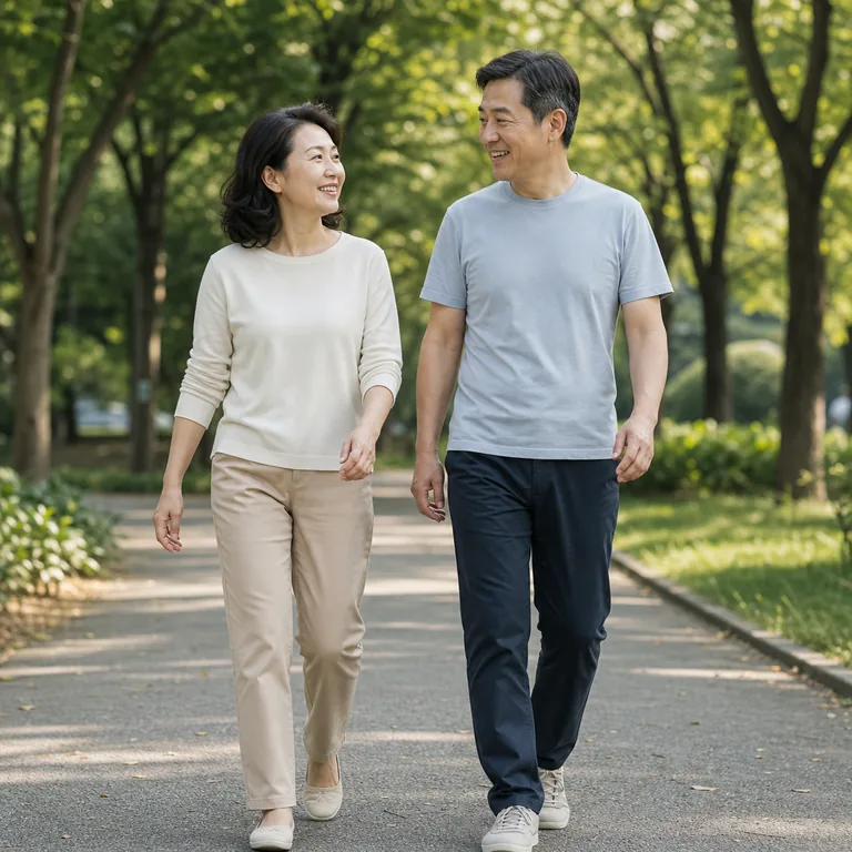 หญิงและชายวัยกลางคนกำลังเดินพูดคุยกันในสวน สื่อความหมายของ 中年