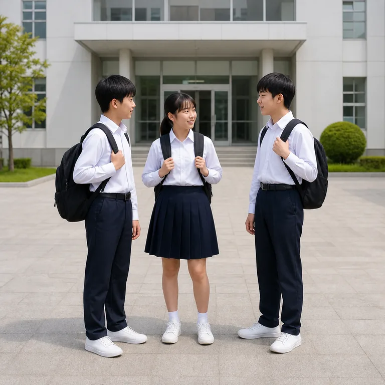 นักเรียนมัธยมต้นชาวเอเชียตะวันออกสามคนยืนพูดคุยกันพร้อมกระเป๋าเป้หน้าตึกโรงเรียน สื่อความหมายของ 初中