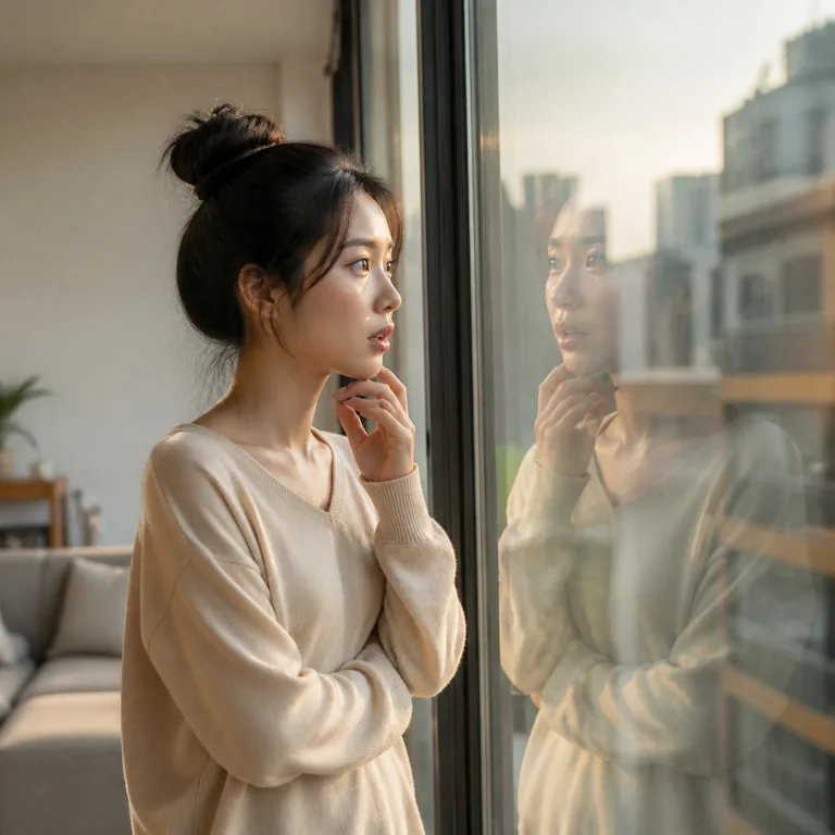 ภาพคนมองเงาสะท้อนที่หน้าต่าง สื่อความหมาย 以为 ว่าคิดหรือเข้าใจไปว่า