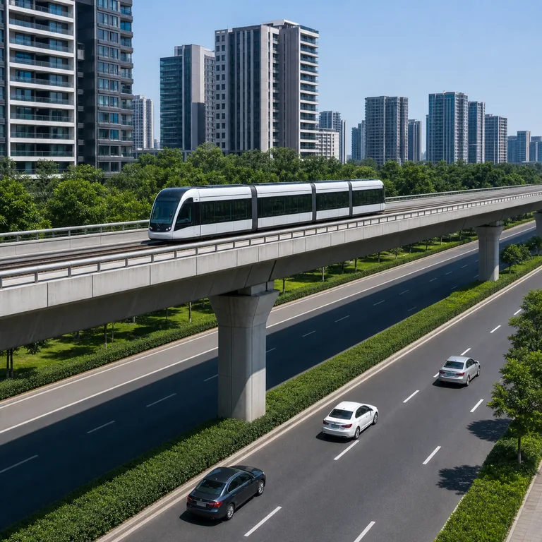 รถรางไฟฟ้าสมัยใหม่หนึ่งขบวนวิ่งบนทางยกระดับเหนือถนนเมืองที่รถสามคันวิ่งเป็นระเบียบ สื่อความหมายของ 发达