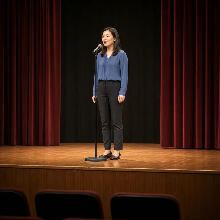 ผู้หญิงยืนพูดอยู่บนเวทียกสูงเหนือพื้นที่นั่งผู้ชม สื่อความหมายของ 台上 ว่าบนเวที