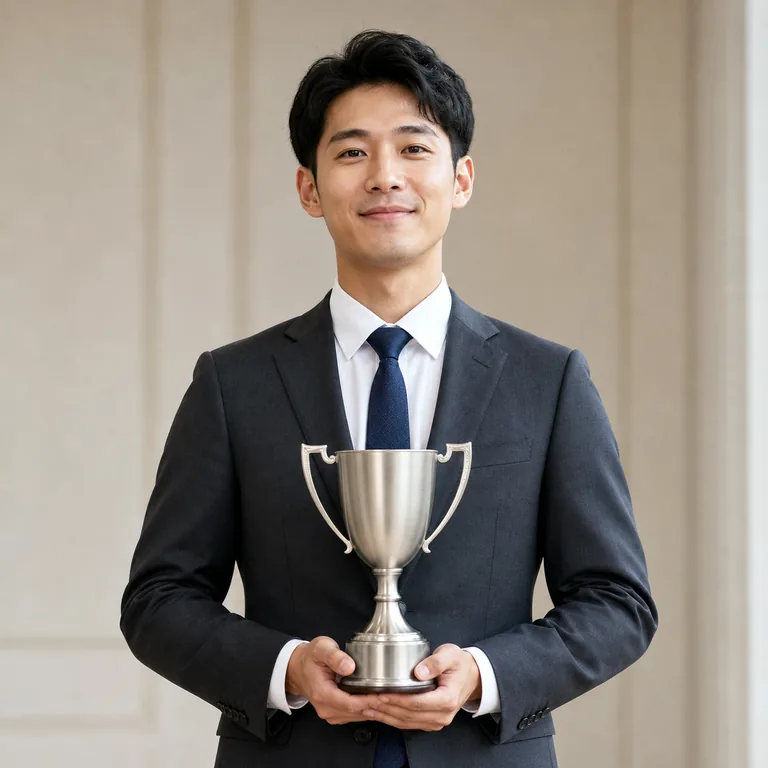 ผู้ใหญ่ถือถ้วยรางวัลเรียบด้วยความภูมิใจอย่างสุขุม สื่อ 出色 ว่าผลงานหรือความสามารถโดดเด่นและยอดเยี่ยม