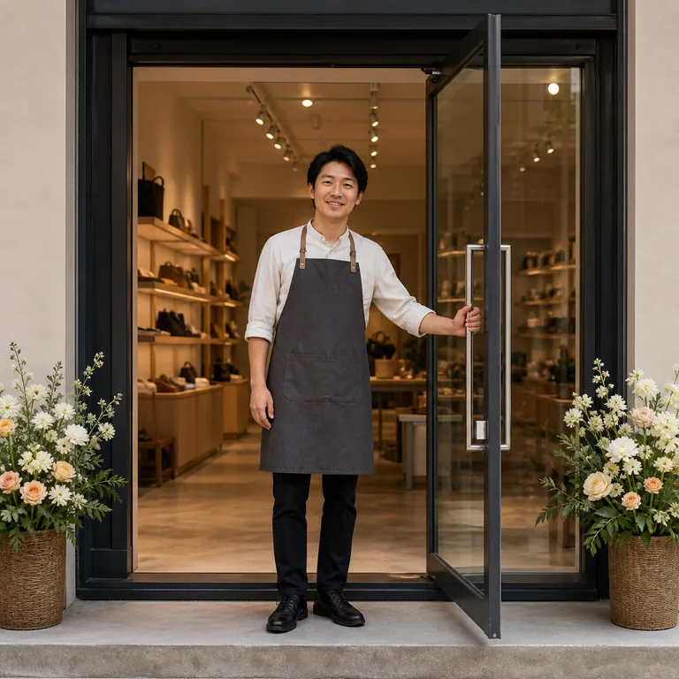 เจ้าของร้านหนึ่งคนเปิดประตูร้านใหม่ที่พร้อมรับลูกค้าในวันเริ่มกิจการ สื่อความหมายของ 开业