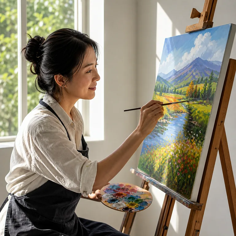 หญิงผู้รักการวาดภาพกำลังทุ่มเทสร้างผลงานบนผ้าใบ สื่อความหมายของ 热爱