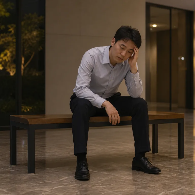 คนทำงานหนึ่งคนนั่งในท่าที่ดูเหนื่อยอย่างเห็นได้ชัด สื่อความหมายหลักของ 显得 ว่าดูเหมือนหรือแสดงให้เห็นว่า