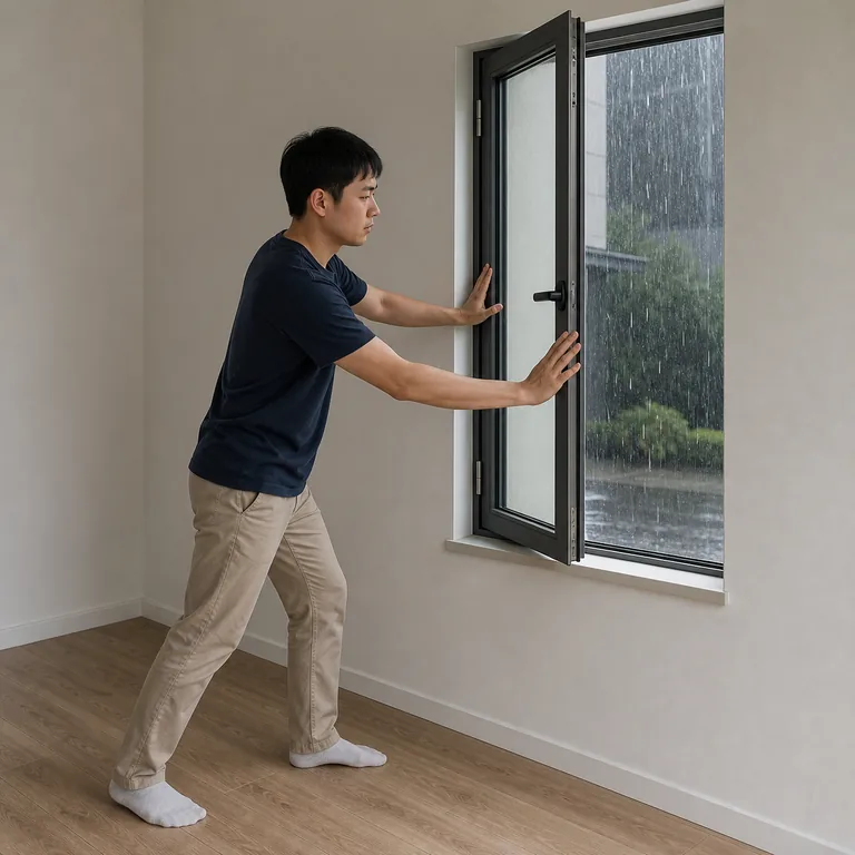 ผู้ใหญ่ชาวเอเชียตะวันออกกำลังปิดหน้าต่างก่อนฝนจะเข้าห้อง สื่อความหมายของ 防止