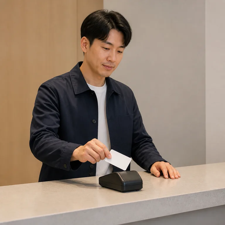 ผู้ใหญ่ชาวเอเชียตะวันออกหนึ่งคนกำลังชำระค่าบริการด้วยบัตรเปล่าหนึ่งใบที่เคาน์เตอร์ สื่อความหมายของ 费用