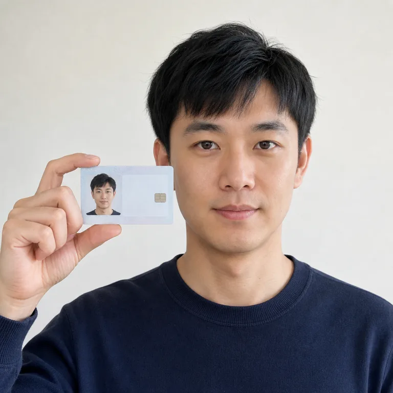 ชายหนึ่งคนแสดงบัตรระบุตัวตนที่มีภาพใบหน้าตรงกับผู้ถือ สื่อคำว่า 身份证 ว่าบัตรประจำตัวประชาชน