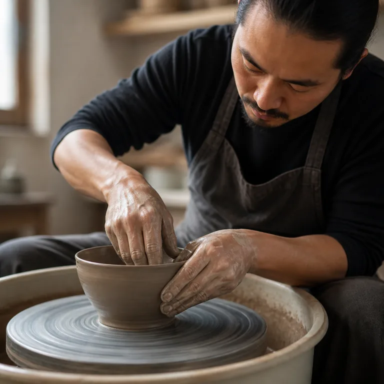 ช่างปั้นกำลังใช้มือขึ้นรูปชามเซรามิกบนแป้นหมุน สื่อ 制作 ว่าการทำหรือสร้างชิ้นงาน